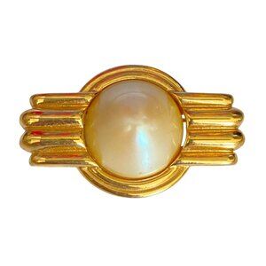 Givenchy Art Deco Style Gold Tone Brooch With Large Faux Pearl Center Pin